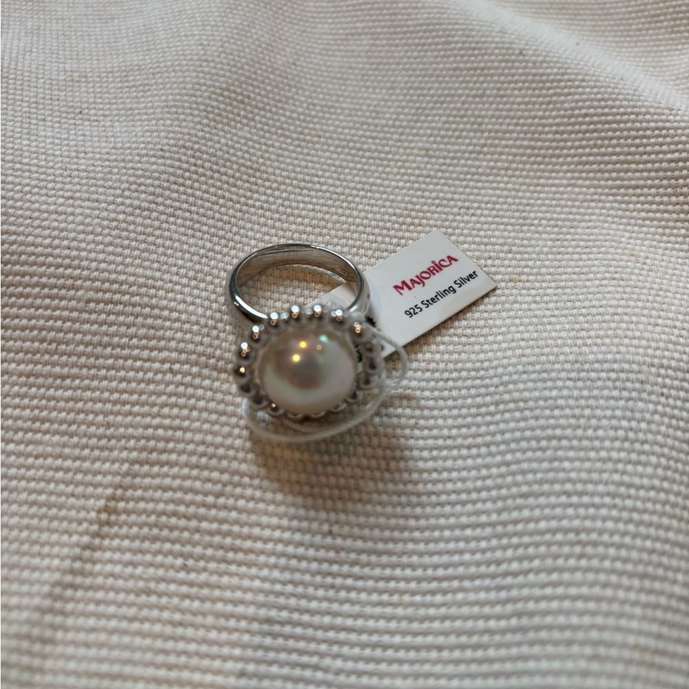 Silver and White Halo Ring with Iridescent Centerpiece